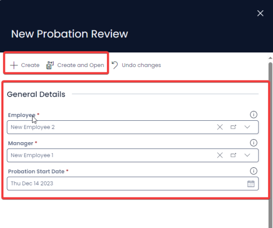 A screenshot that shows the &quot;New Probation Review&quot; create screen.